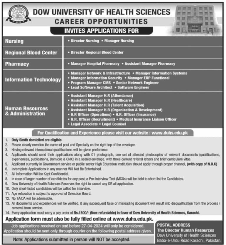Dow University of Health Sciences Jobs 2024 Application Form