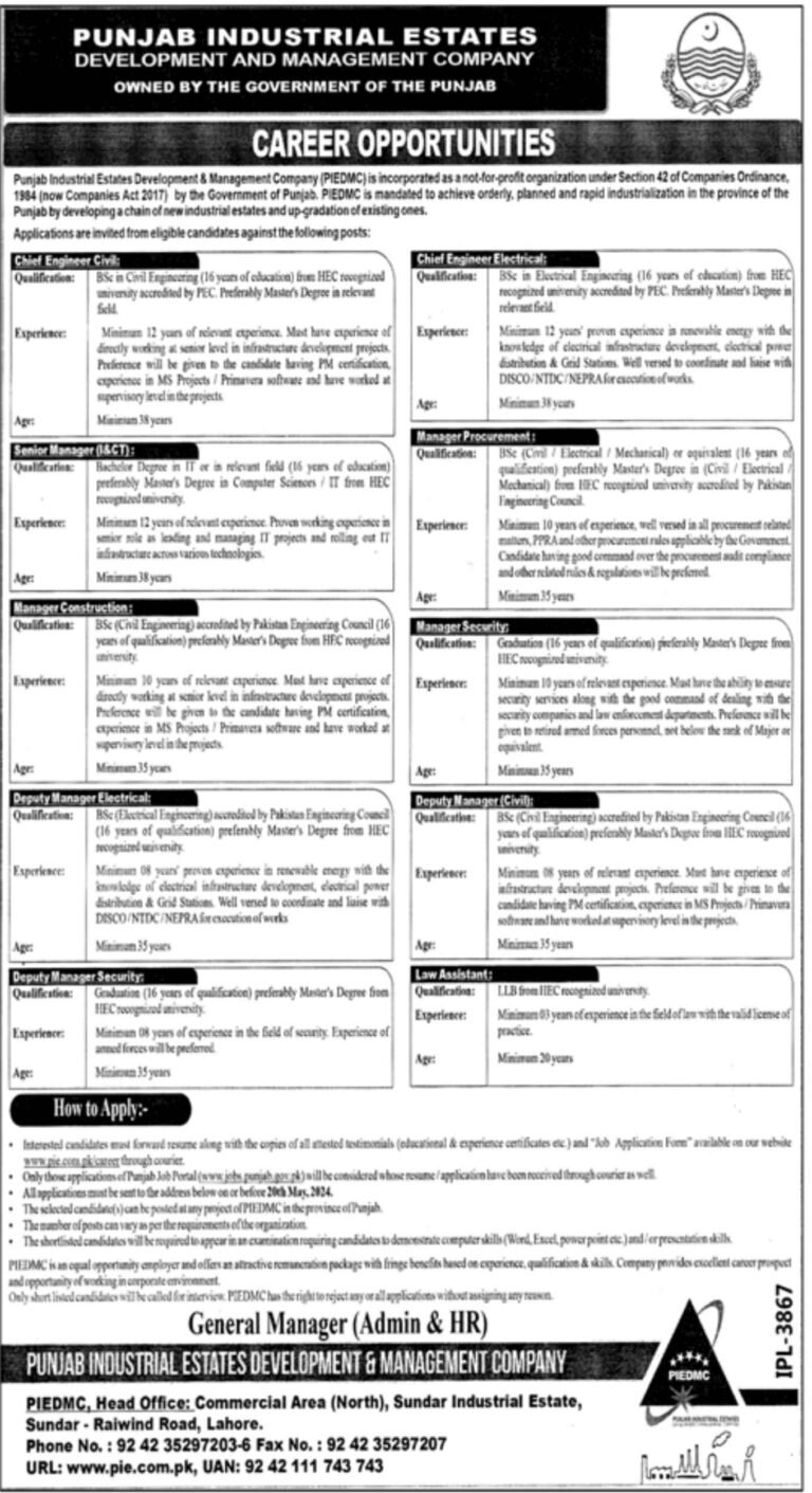 PIEDMC Jobs 2024 | Punjab Industrial Estates Advertisement