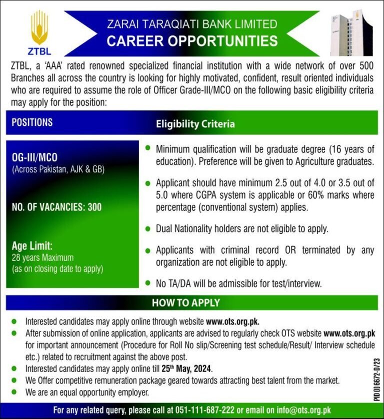 ZTBL Jobs 2024 | Zarai Tarqiati Bank Limited (300+ Seats)