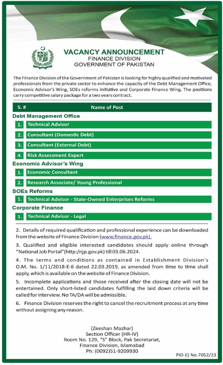 Finance Division Jobs 2024 Islamabad