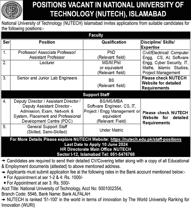 NUTECH Jobs 2024 Islamabad | National University of Technology
