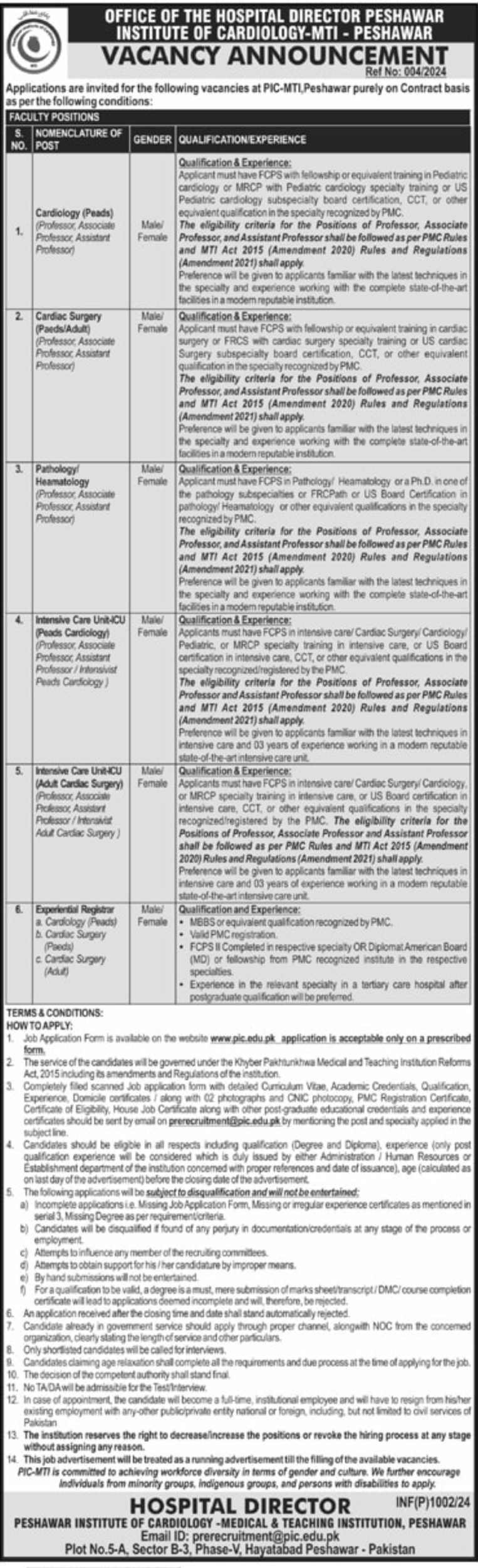 Peshawar Institute of Cardiology PIC Jobs 2024 Application Form