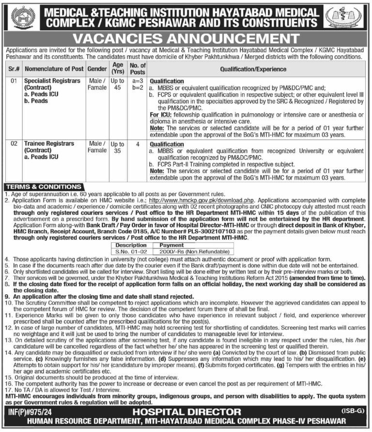 Hayatabad Medical Complex HMC Peshawar Jobs 2024 MTI