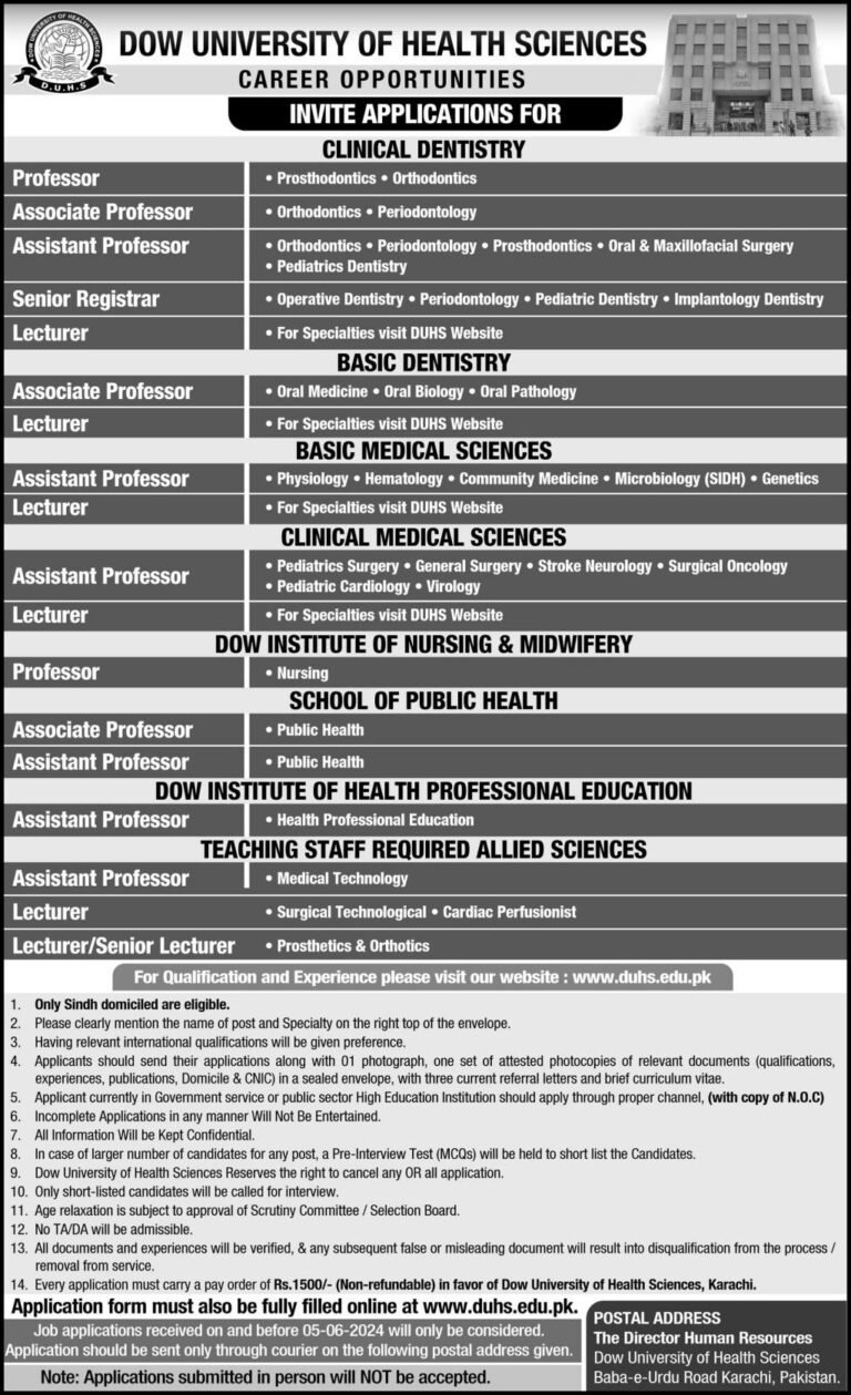 Dow University of Health Sciences Jobs 2024 Application Form