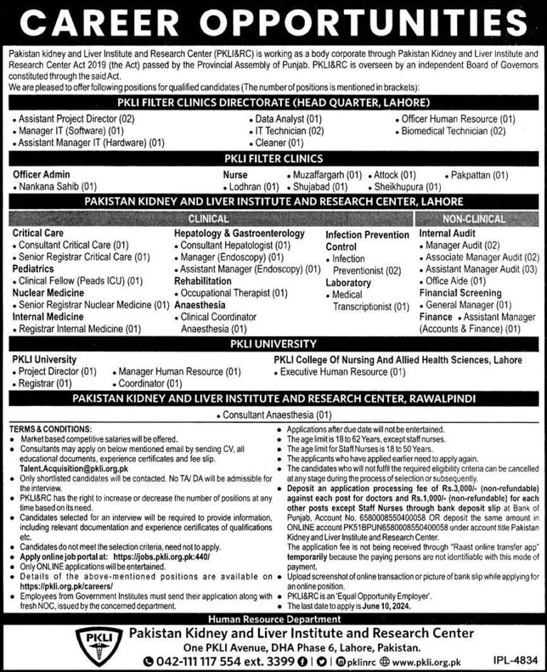 PKLI Jobs 2024 | Pakistan Kidney and Liver Institute (100+ Seats)